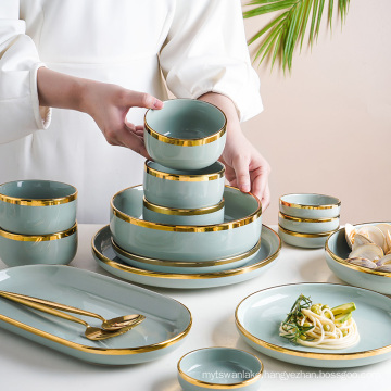 Ceramic Tableware Set Dishes Dinner Plates Steak Food Dessert Plate Green Salad Soup Bowl Plates and Bowls Set for Family Hotel